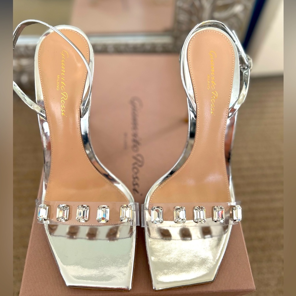 GIANVITO ROSSI
Ribbon Candy Metallic Leather And PVC Slingback Sandals
